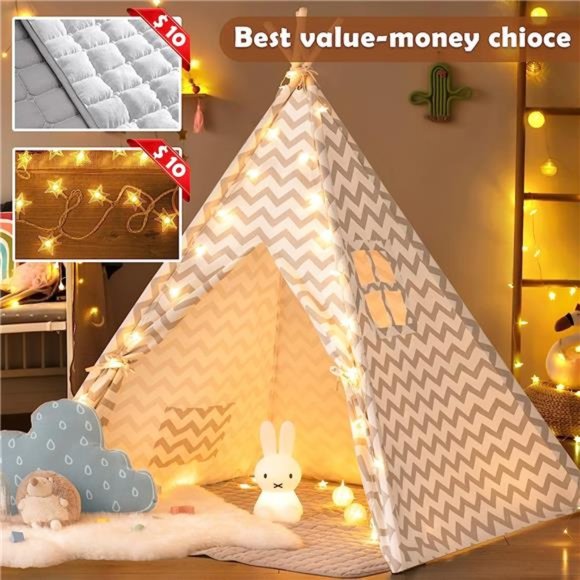 Kids TeepeeTent with Mat&Light String, Kids Foldable Play Tent for IndoorOutdoor - Picture 5 of 6